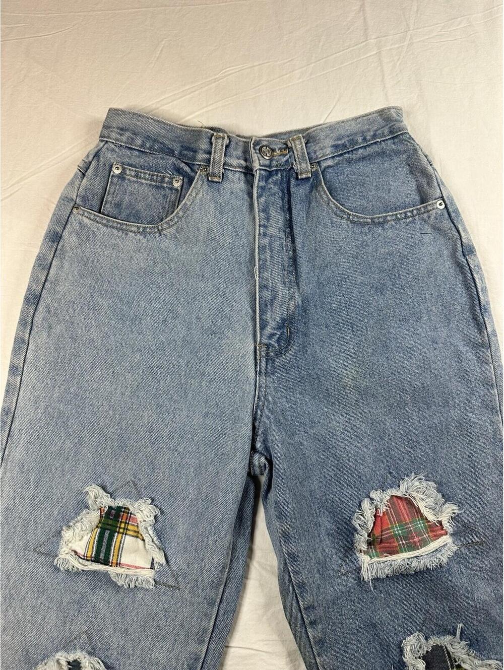 VNT 90s One World Plaid Patchwork Distressed Jeans Size 11 High Rise Straight - Picture 6 of 16